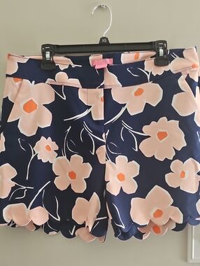 Isaac Mizrahi Navy Floral Scallop Hem Shorts with Blush & Orange Accents
